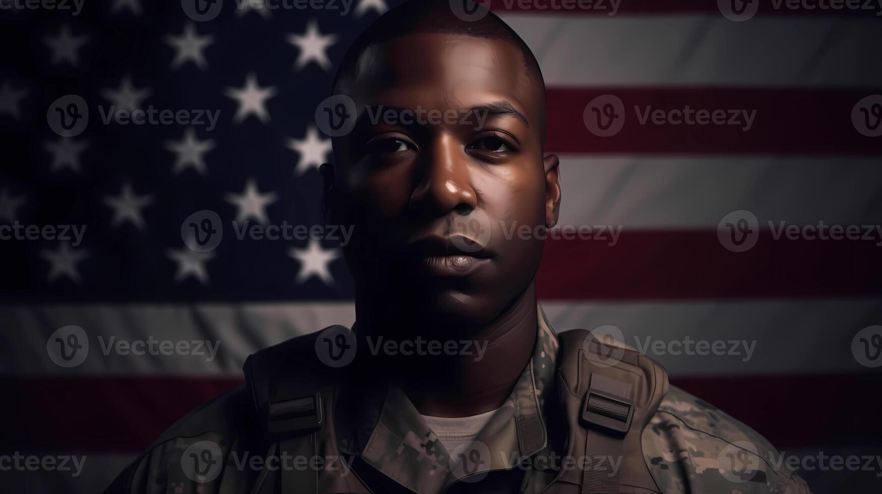 ai generiert Porträt von ein afro amerikanisch Soldat im Vorderseite von ein Flagge von das USA. Soldat Stehen im Vorderseite von USA Flagge. foto