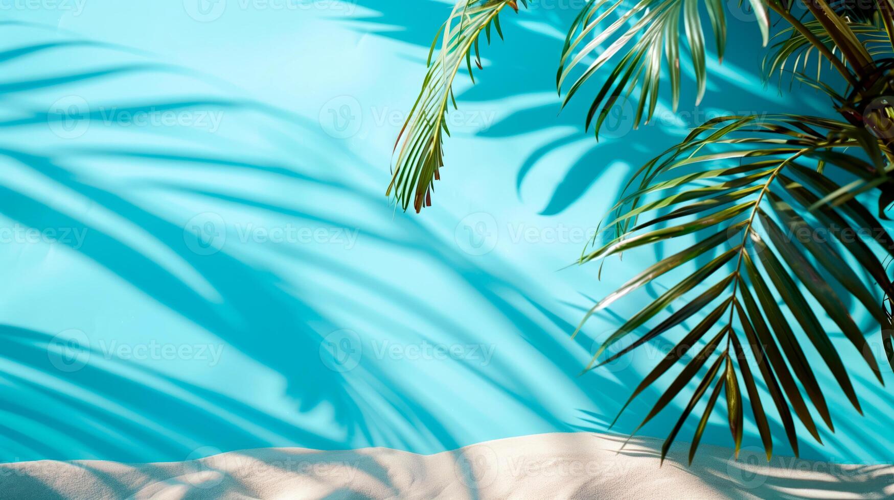 ai generiert sonnig tropisch Sand Strand mit Palme Bäume und Blau Mauer mit leeren Raum zum Text oder Produkt Präsentation. heiß Sommer- Der Umsatz Konzept. foto
