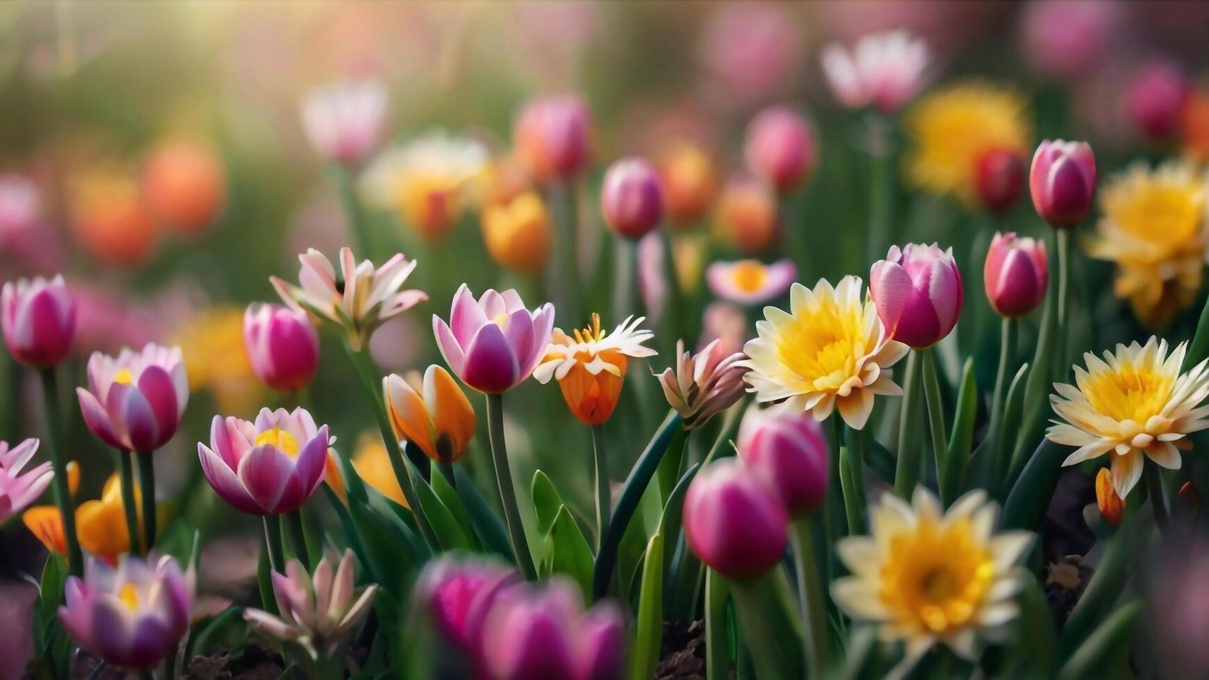 ai generiert Frühling Blumen auf Grün Rasen, überflutet mit hell Sonnenlicht, verschwommen Hintergrund. foto