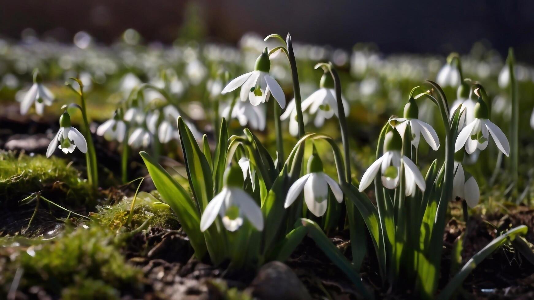 ai generiert Frühling Blumen auf Grün Rasen, überflutet mit hell Sonnenlicht, verschwommen Hintergrund. foto