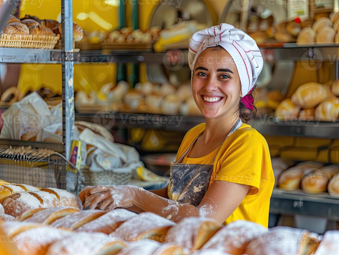 ai generiert ein Bäcker im ein Bäckerei, sie ist Backen Brot mit ein Lächeln foto