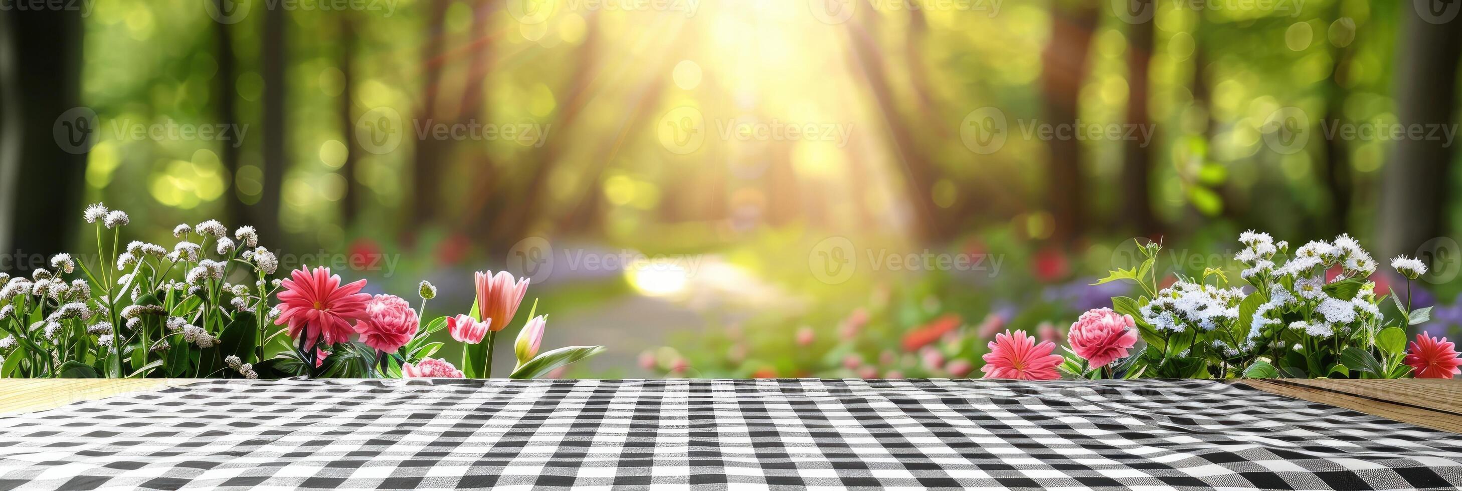 ai generiert Frühling Tabelle mit Bäume im blühen und defokussiert sonnig Garten im Hintergrund foto