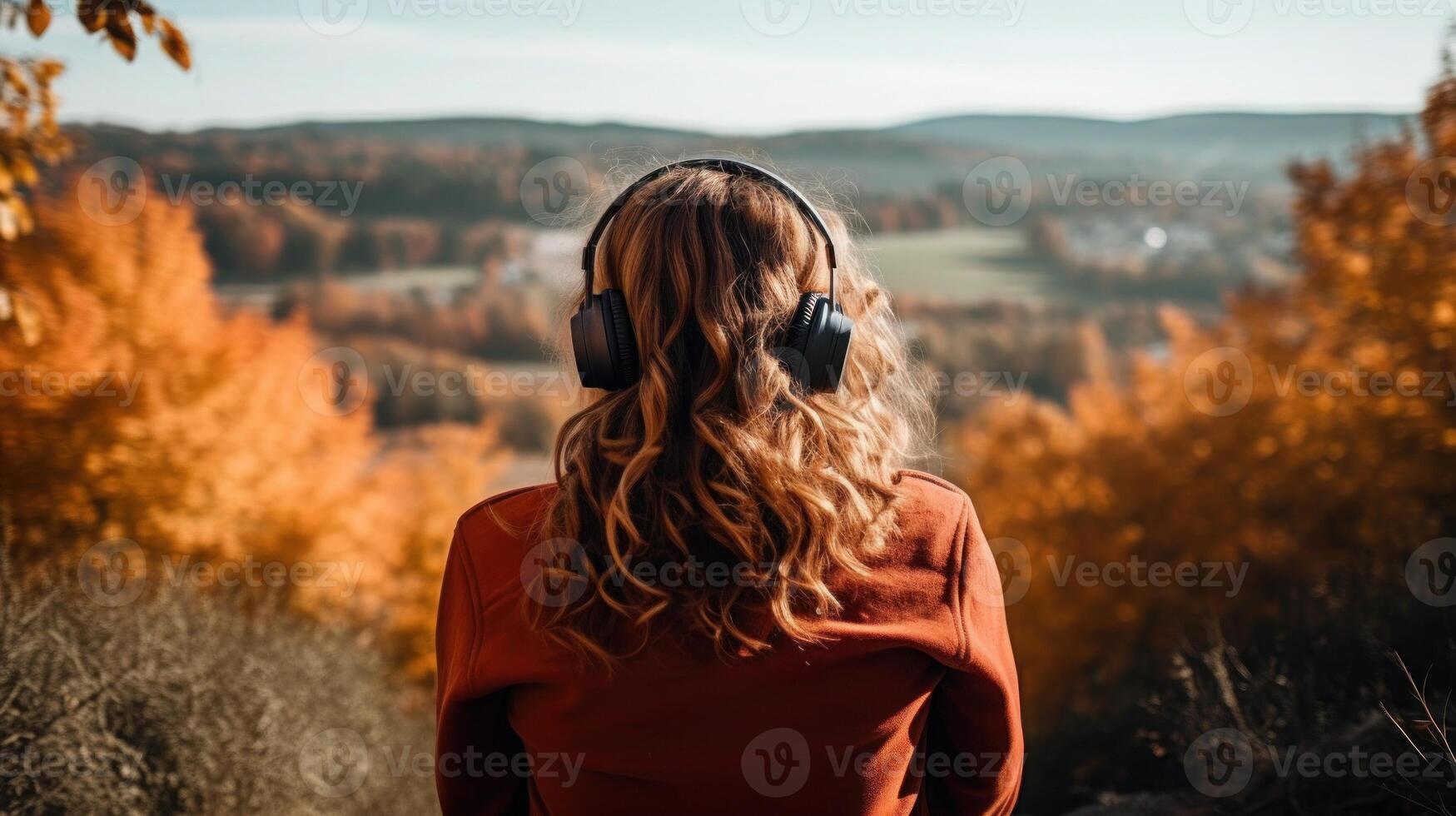 ai generiert Musik- Therapie, Harmonie, mental Gesundheit Konzept. ziemlich jung Frau genießen Musik- mit Kopfhörer draußen. Frau tragen Kopfhörer genießen Musik- und gut Stimmung foto