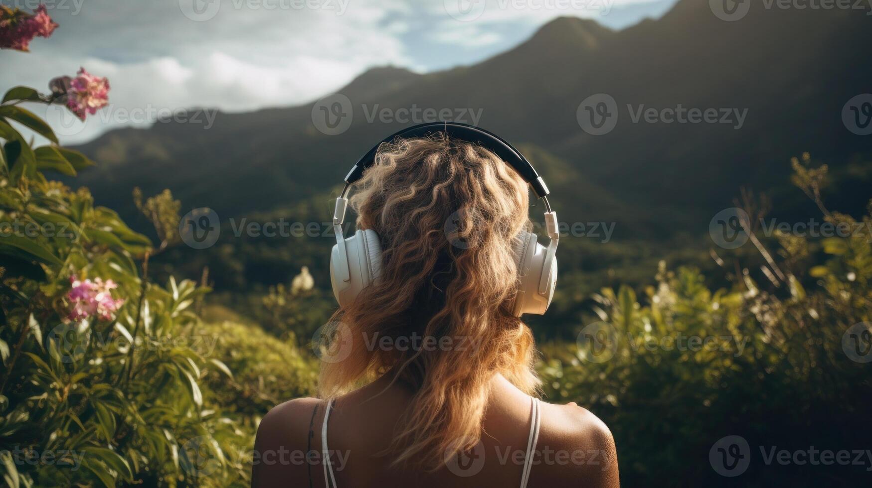 ai generiert Musik- Therapie, Harmonie, mental Gesundheit Konzept. ziemlich jung Frau genießen Musik- mit Kopfhörer draußen. Frau tragen Kopfhörer genießen Musik- und gut Stimmung foto