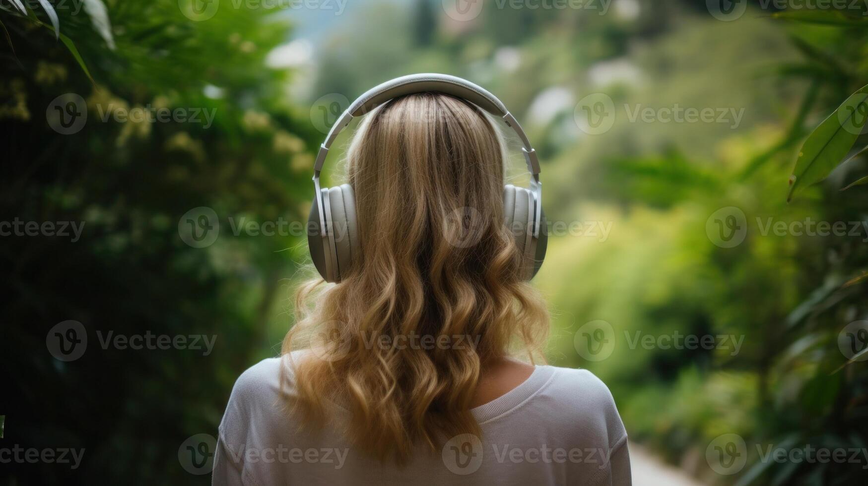 ai generiert Musik- Therapie, Harmonie, mental Gesundheit Konzept. ziemlich jung Frau genießen Musik- mit Kopfhörer draußen. Frau tragen Kopfhörer genießen Musik- und gut Stimmung foto