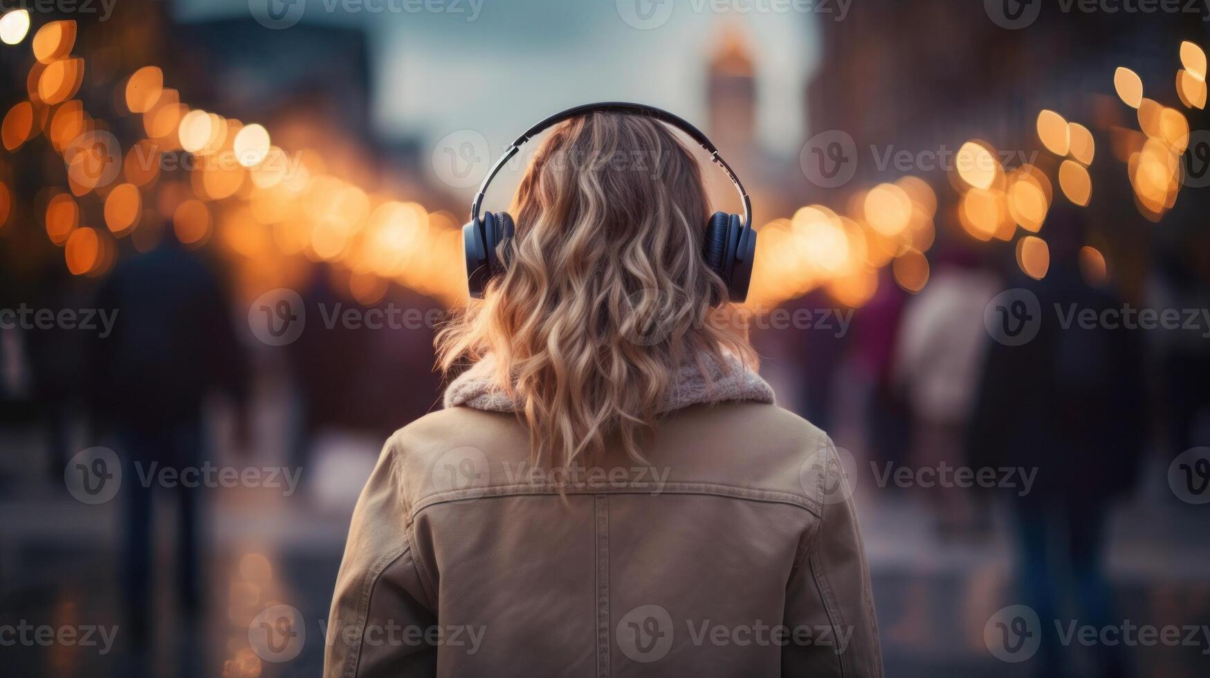 ai generiert Musik- Therapie, Harmonie, mental Gesundheit Konzept. ziemlich jung Frau genießen Musik- mit Kopfhörer draußen. Frau tragen Kopfhörer genießen Musik- und gut Stimmung foto