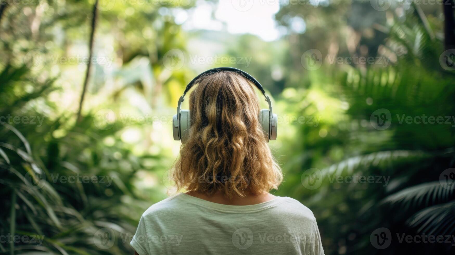 ai generiert Musik- Therapie, Harmonie, mental Gesundheit Konzept. ziemlich jung Frau genießen Musik- mit Kopfhörer draußen. Frau tragen Kopfhörer genießen Musik- und gut Stimmung foto