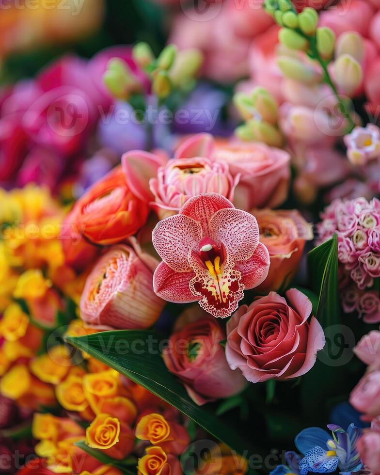 ai generiert Strauß von frisch bunt Blumen auf Anzeige foto