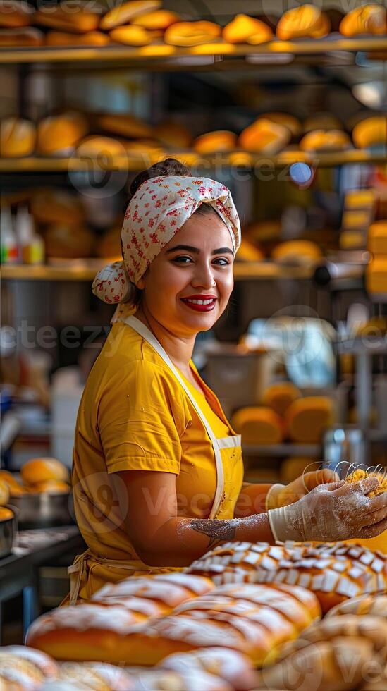 ai generiert ein Bäcker im ein Bäckerei, sie ist Backen Brot mit ein Lächeln foto