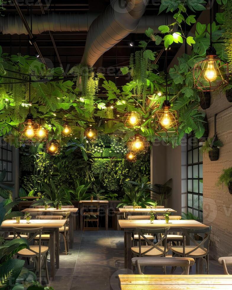 ai generiert Öko Restaurant mit Beleuchtung foto