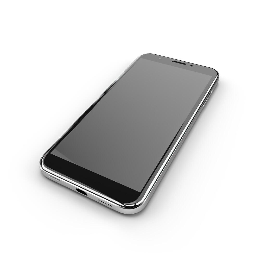 ai generiert modern Smartphone mit ein schwarz Bildschirm auf ein Weiß Hintergrund, glatt Design mit reflektierend Metall Kanten foto