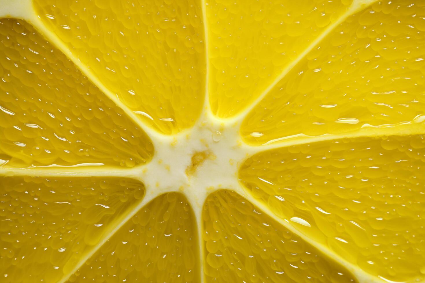 ai generiert Nahansicht von ein frisch Zitrone Scheibe mit Wasser Tröpfchen, beschwingt und saftig foto