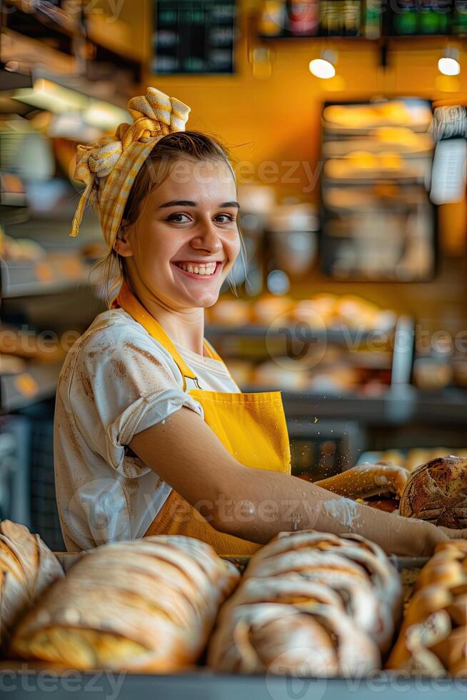 ai generiert ein Bäcker im ein Bäckerei, sie ist Backen Brot mit ein Lächeln foto