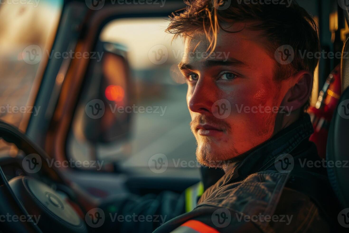 ai generiert ein Mann selbstbewusst Fahren ein robust LKW durch das hell Sonnenlicht, präsentieren Entschlossenheit und Stärke im das Mitte von das Tag. foto