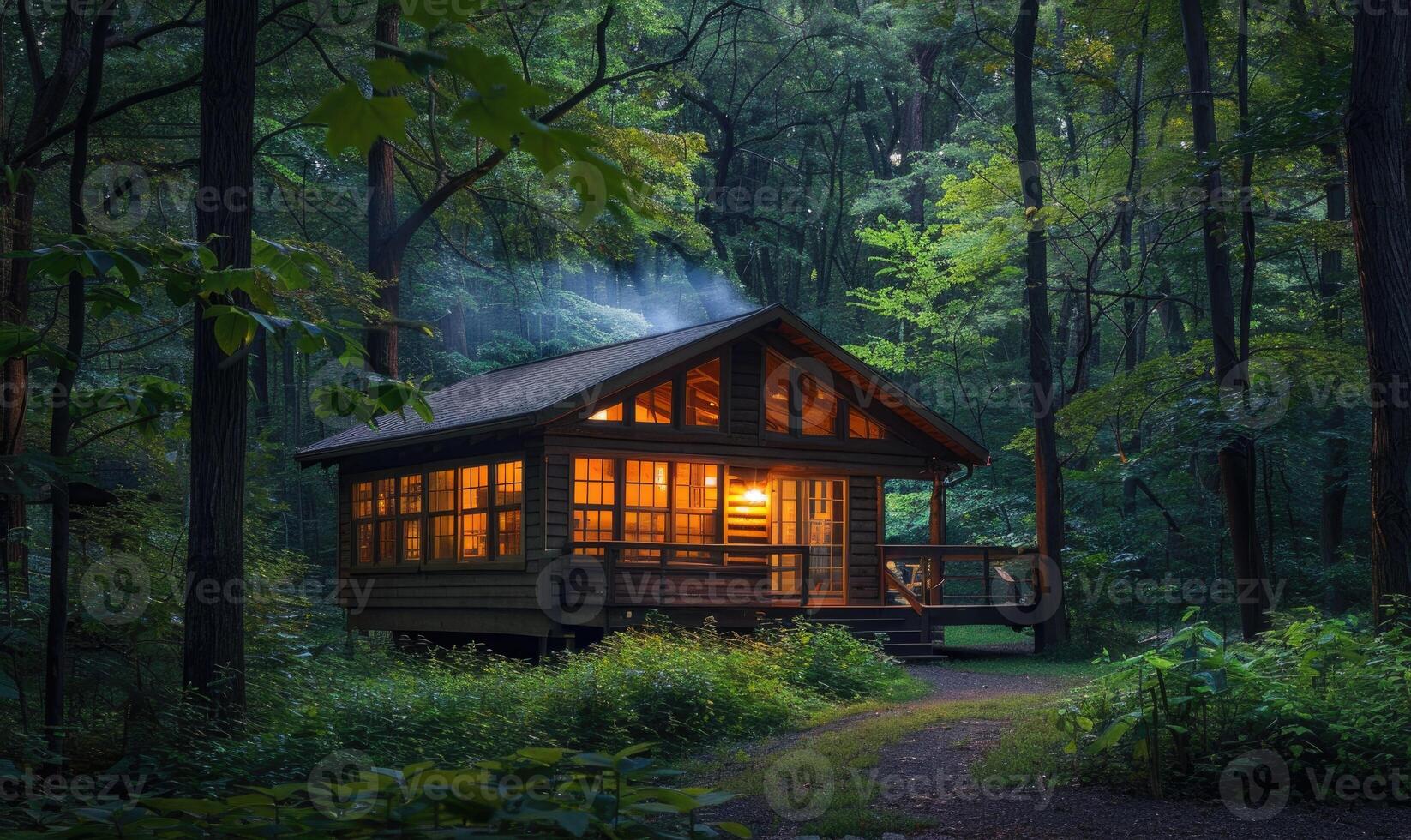 ai generiert Abend glühen leuchten das Fassade von ein stilvoll hölzern Kabine eingebettet unter Blühen Azaleen und Rhododendren im ein Frühling Garten foto