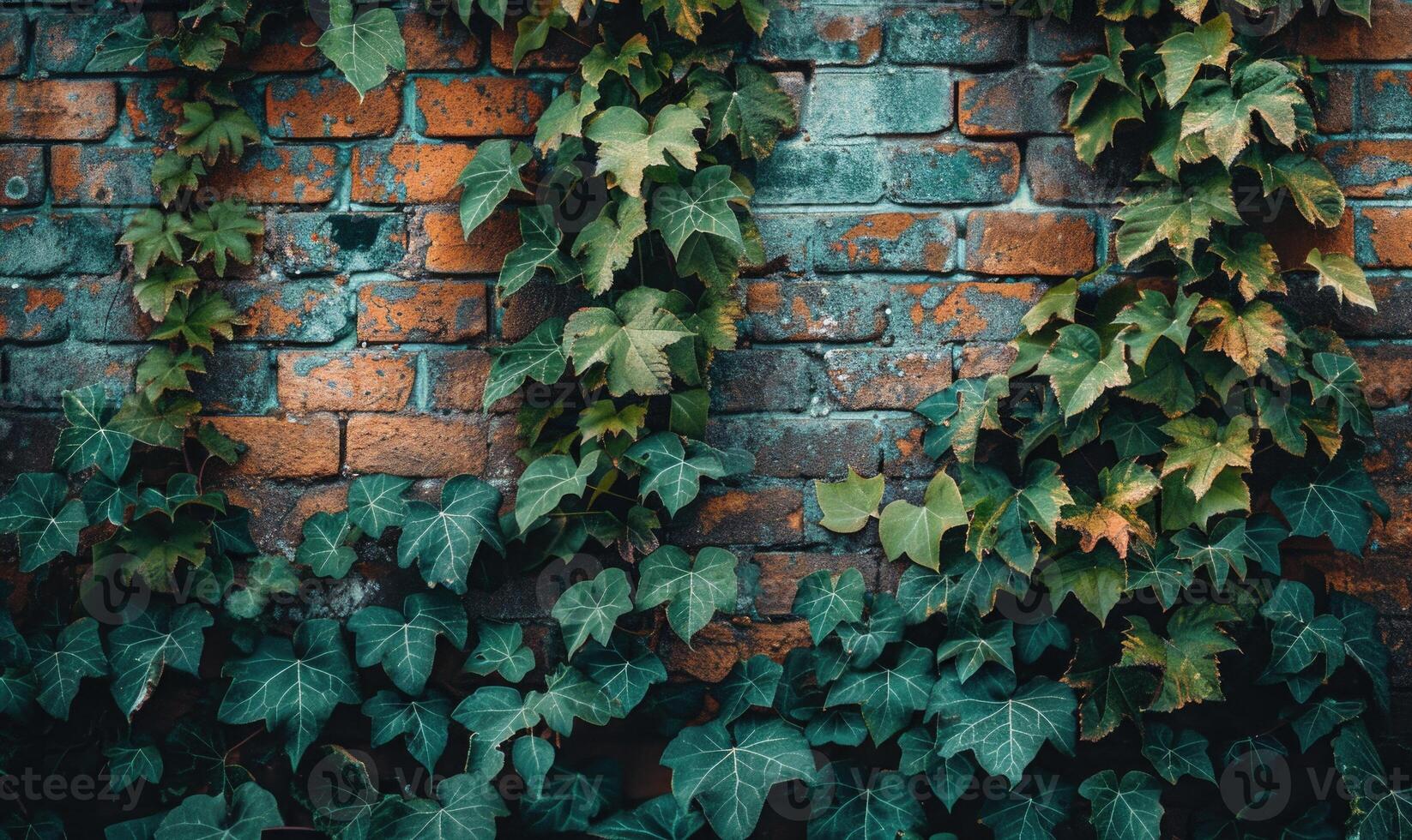 ai generiert alt Backstein Mauer mit Grün Efeu Blätter. natürlich Jahrgang Hintergrund. foto
