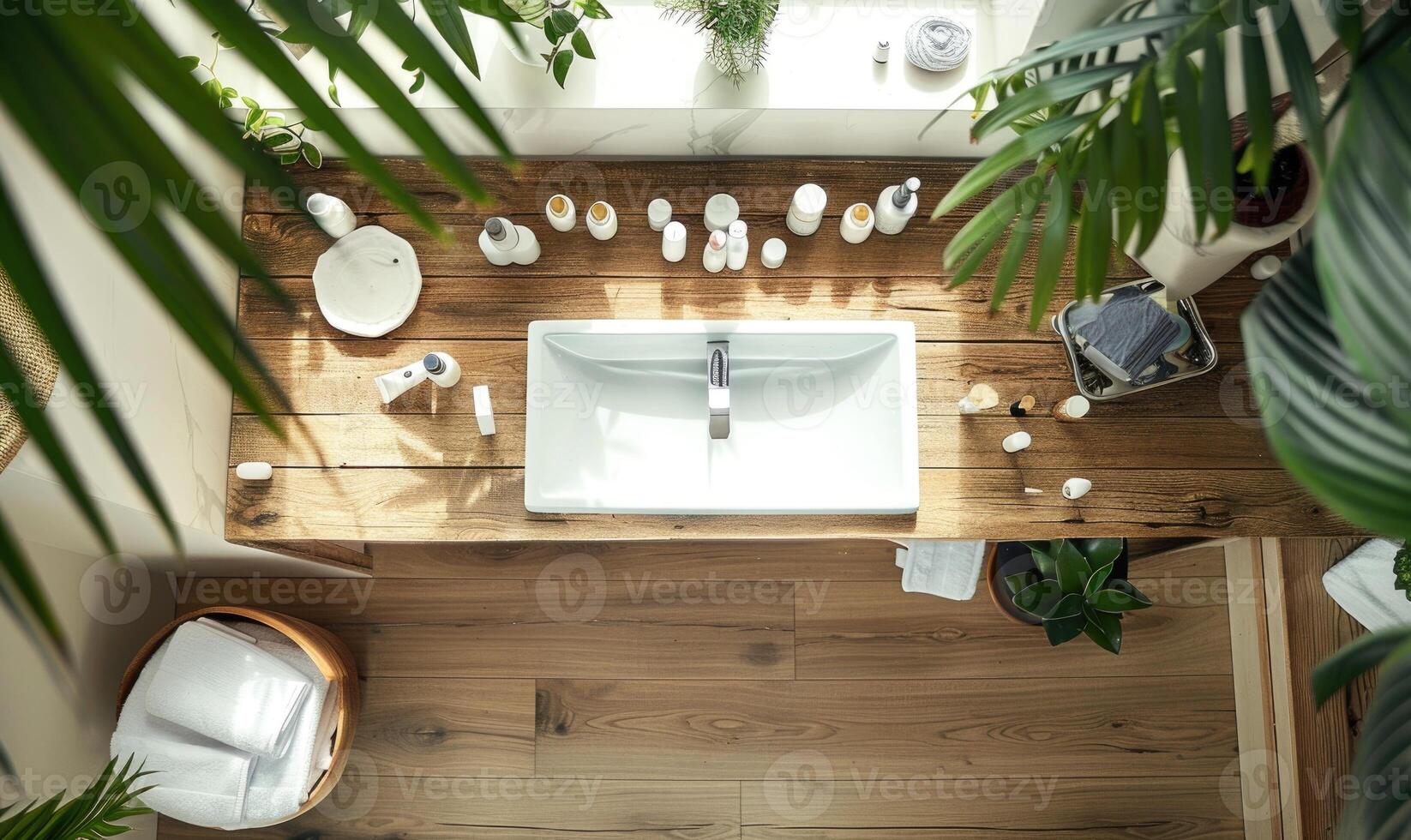 ai generiert oben Aussicht von modern Badezimmer mit Waschbecken, Toilettenartikel und Grün Pflanze foto