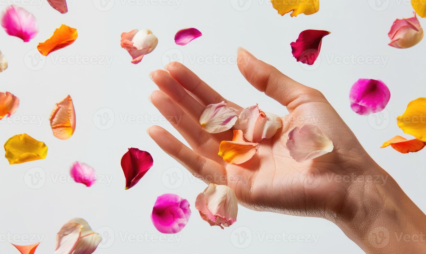 ai generiert Nahansicht von ein Frau Hand halten bunt Blume Blütenblätter foto