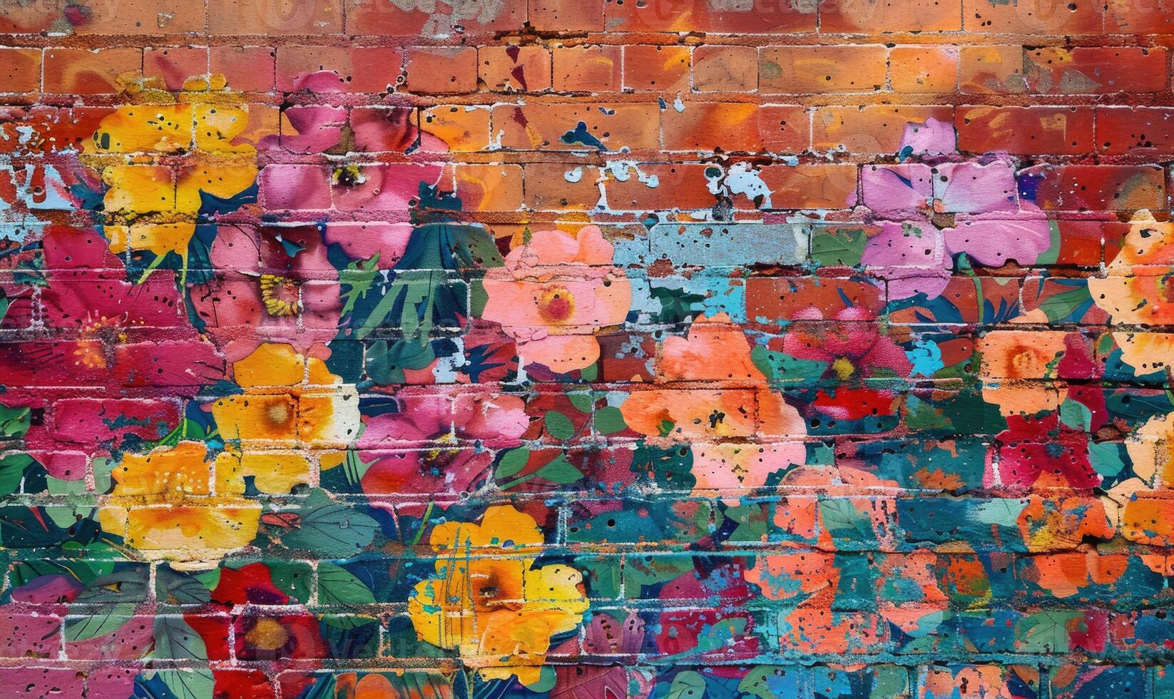 ai generiert Backstein Mauer mit bunt Graffiti und Blumen. Grunge Hintergrund foto