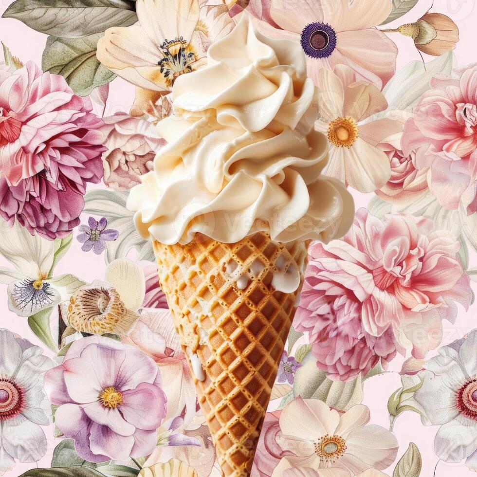 ai generiert Vanille Eis Sahne Kegel auf ein Aquarell Blumen- Muster Hintergrund foto