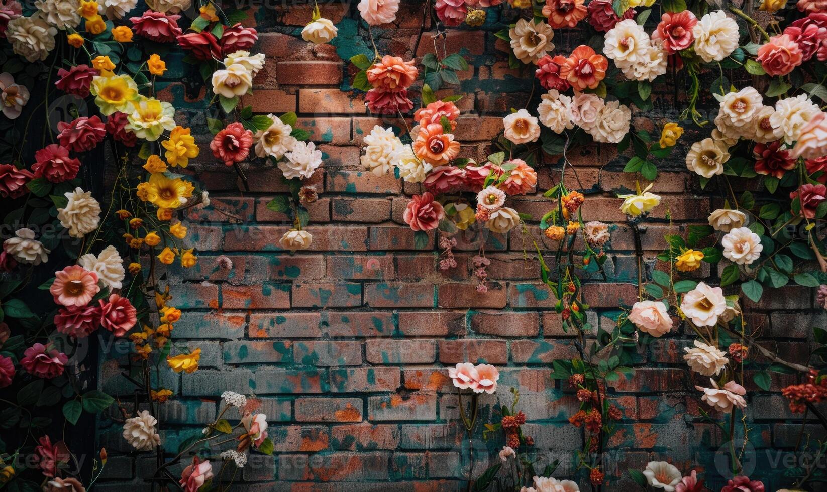 ai generiert schön Rosa und Gelb Blumen auf das Backstein Wand, Jahrgang Stil foto