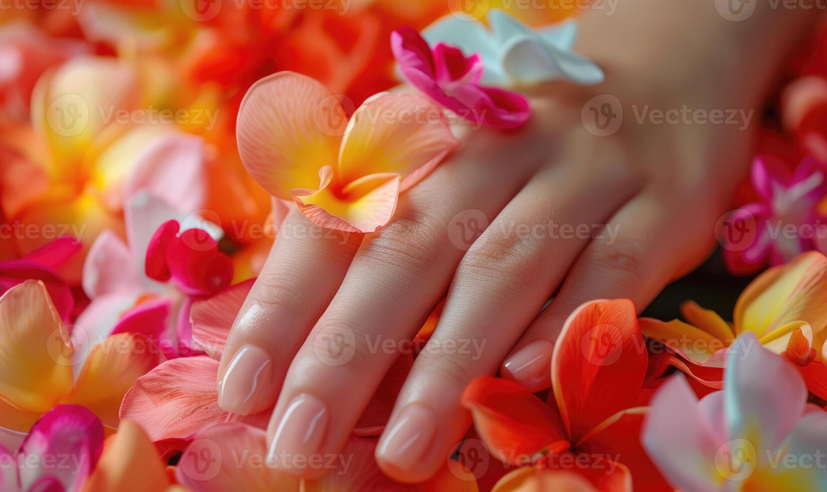 ai generiert Nahansicht von ein Frau Hand halten bunt Blume Blütenblätter foto