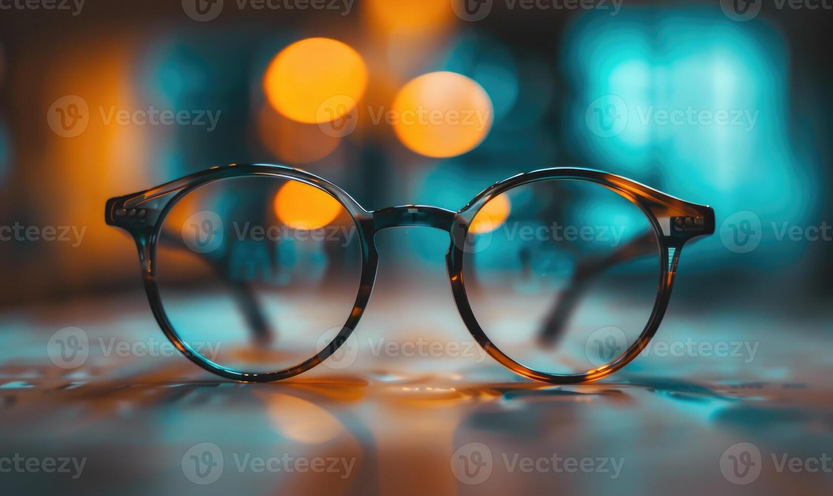 ai generiert Brille auf das Tabelle mit Bokeh Licht Hintergrund. foto