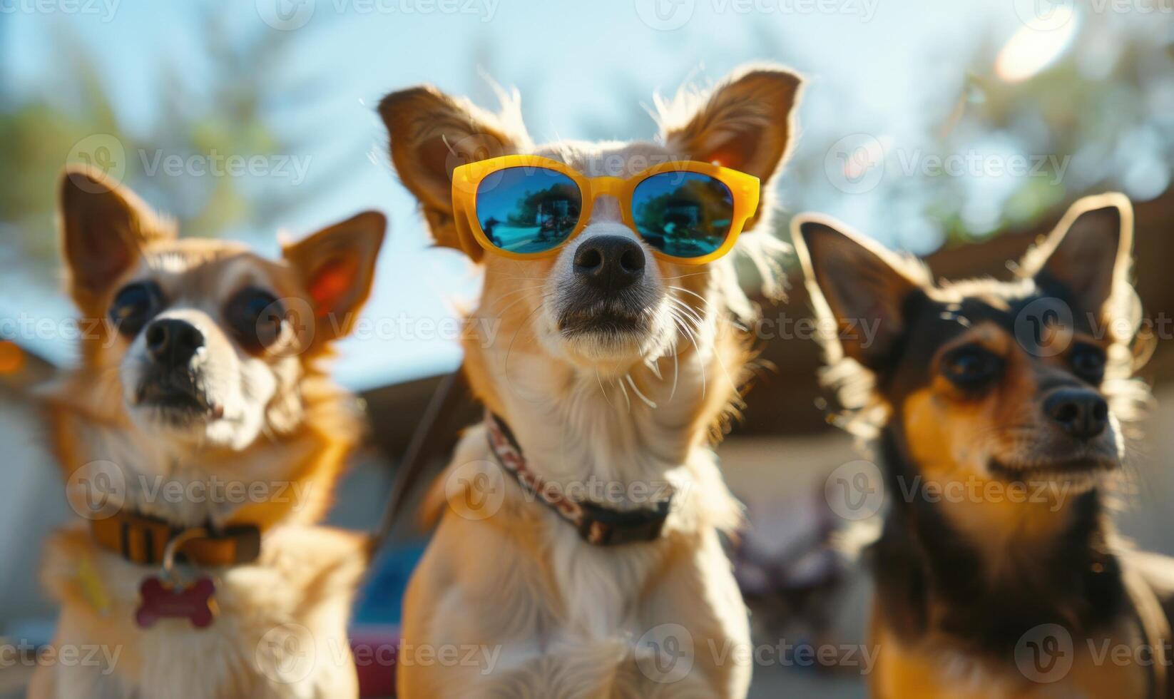 ai generiert Hunde mit Sonnenbrille auf sonnig Sommer- Tag. Hunde im Sonnenbrille. Reise und Tourismus foto