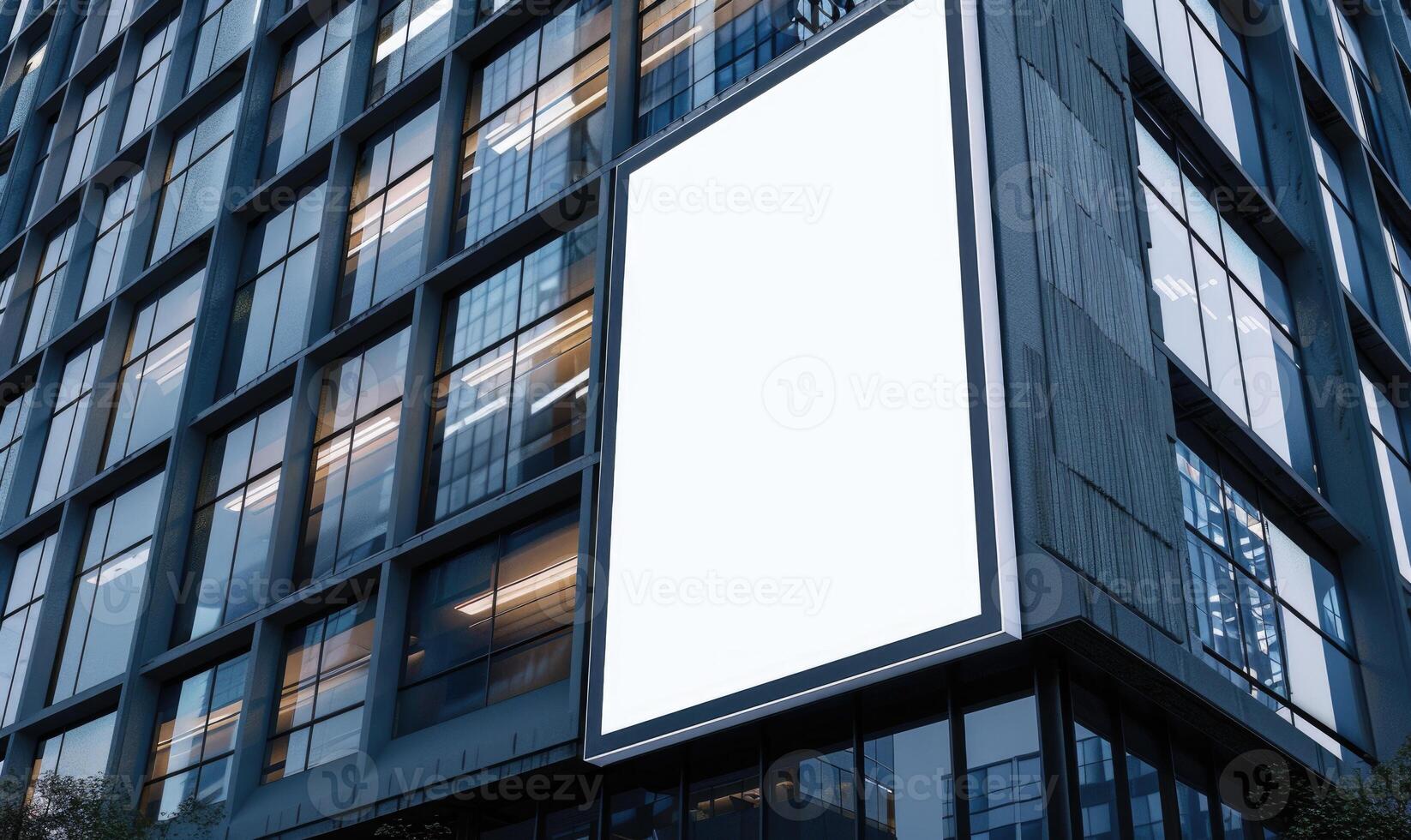 ai generiert leer Bildschirm Banner Attrappe, Lehrmodell, Simulation angezeigt auf das modern Gebäude Fassade. schließen oben Sicht. foto