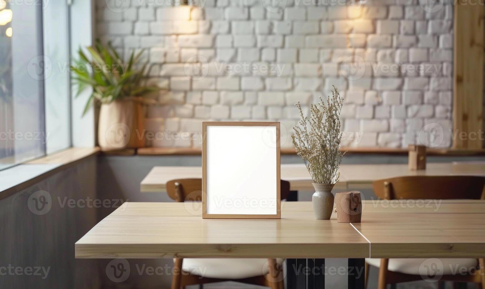 ai generiert leer Speisekarte Tafel auf Tabelle im Kaffee Geschäft Cafe. verschwommen Hintergrund foto