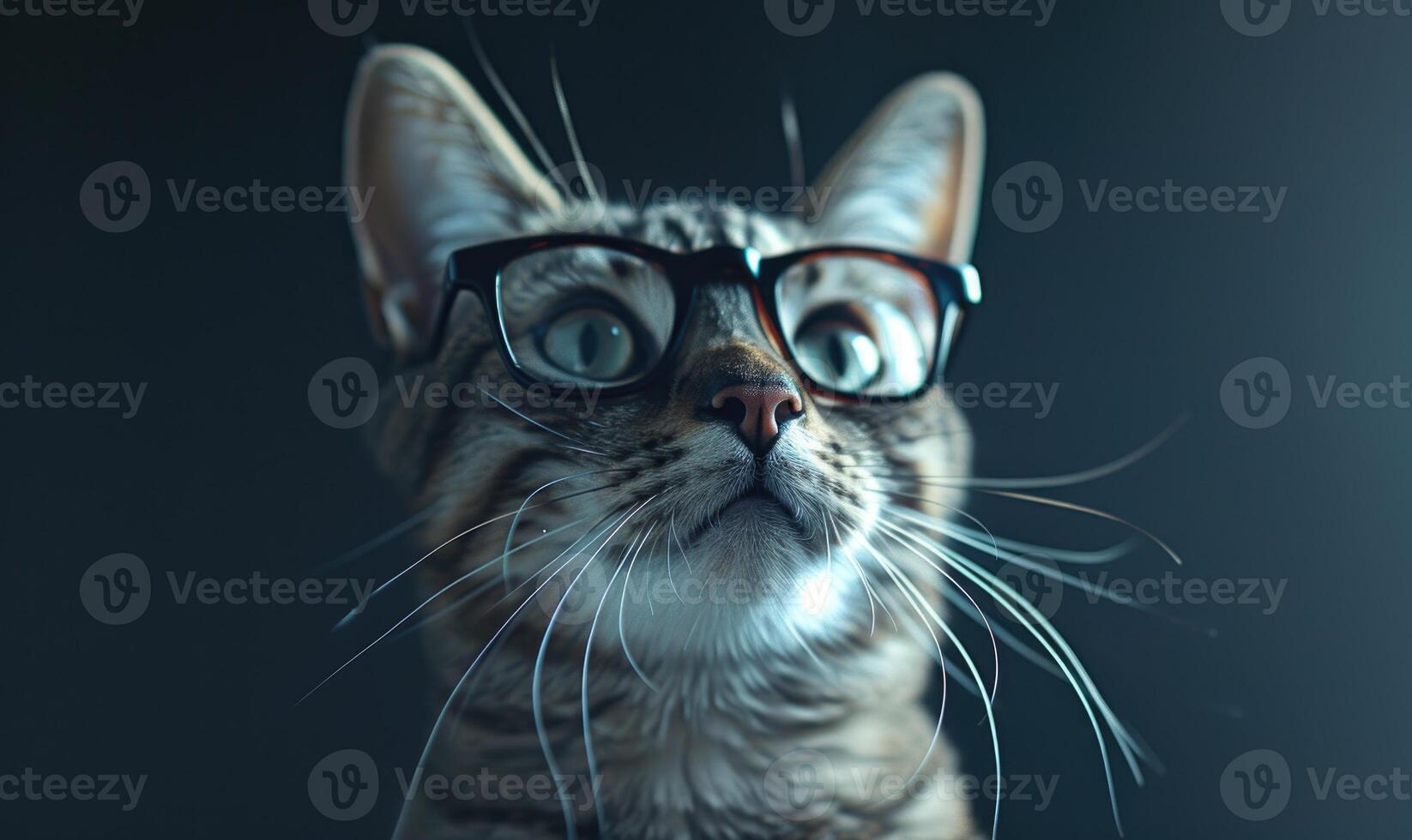 ai generiert Porträt von ein süß Katze mit Brille auf ein dunkel Hintergrund. foto