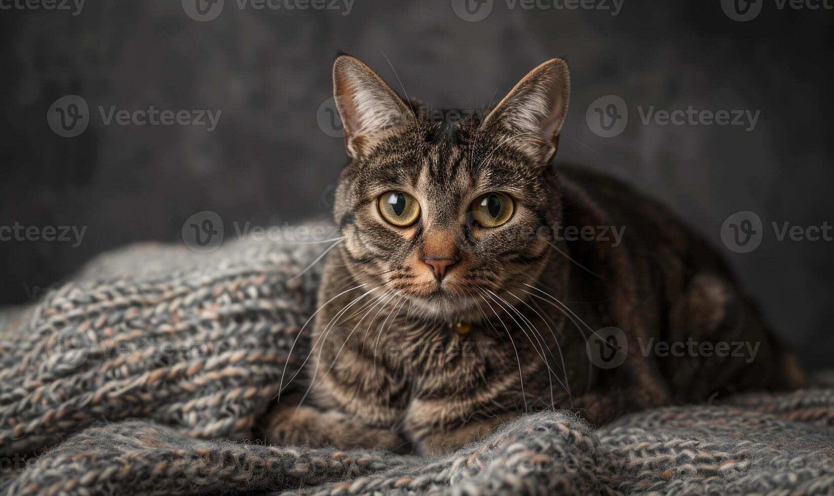 ai generiert Nahansicht Porträt von ein Tabby Katze Lügen auf ein gestrickt Plaid foto