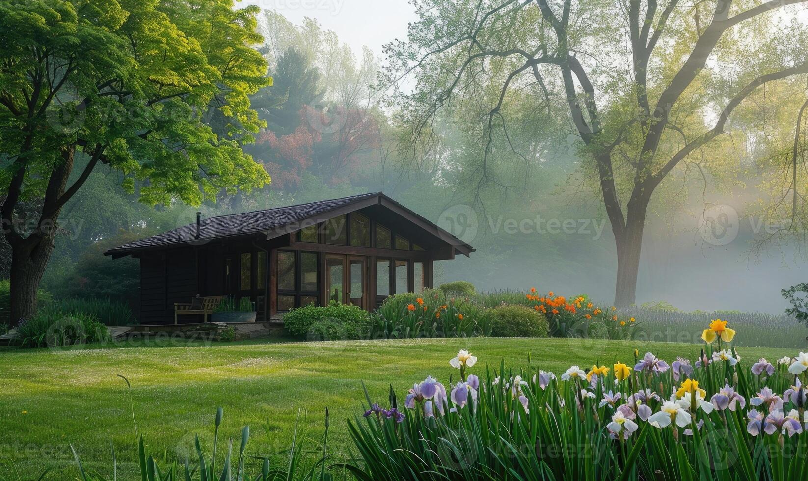 ai generiert Morgen Nebel umhüllend ein zeitgenössisch hölzern Kabine versteckt tief innerhalb ein Frühling Garten gefüllt mit Blühen Iris und Lilien foto