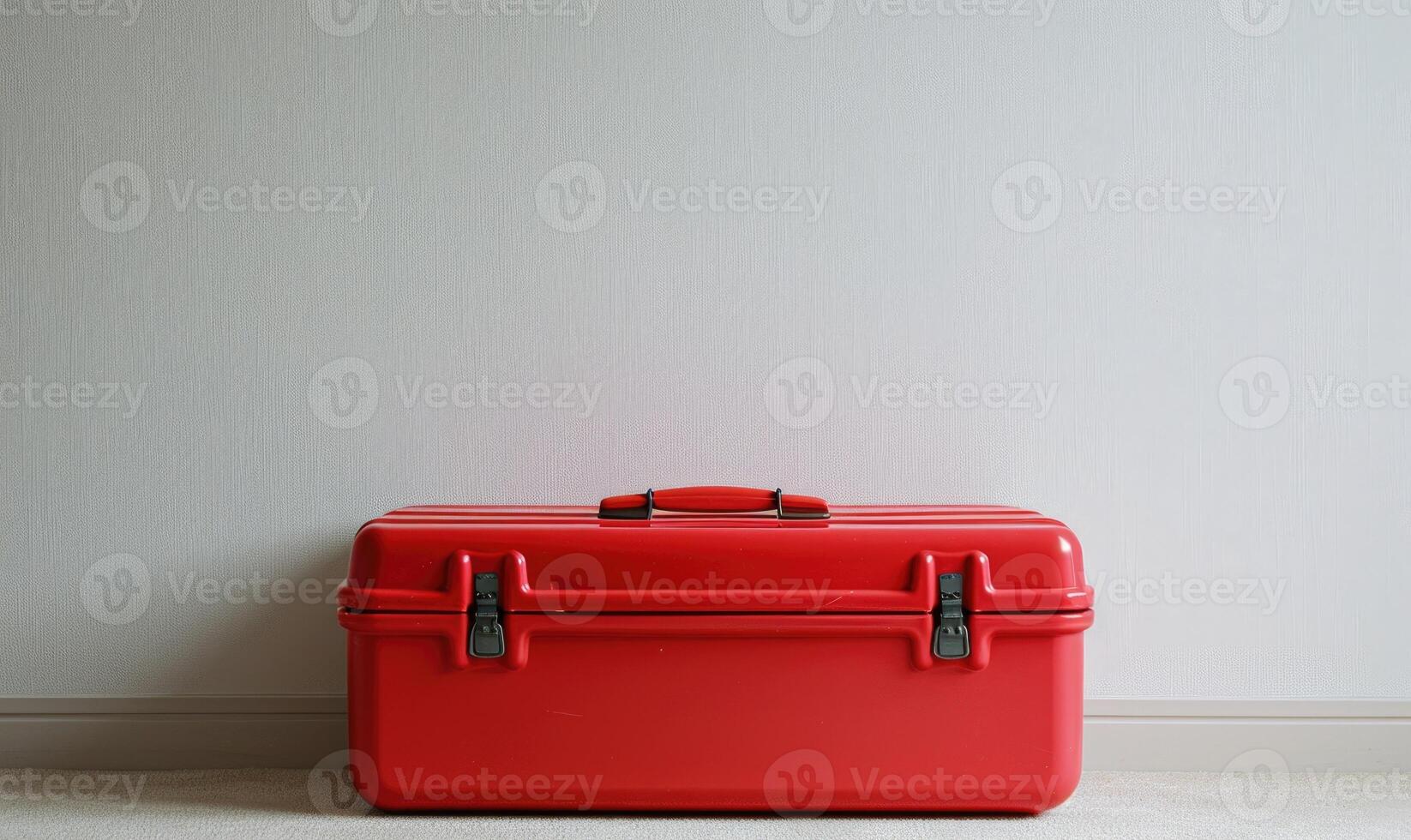 ai generiert rot Koffer auf Weiß Hintergrund. Reise Konzept foto