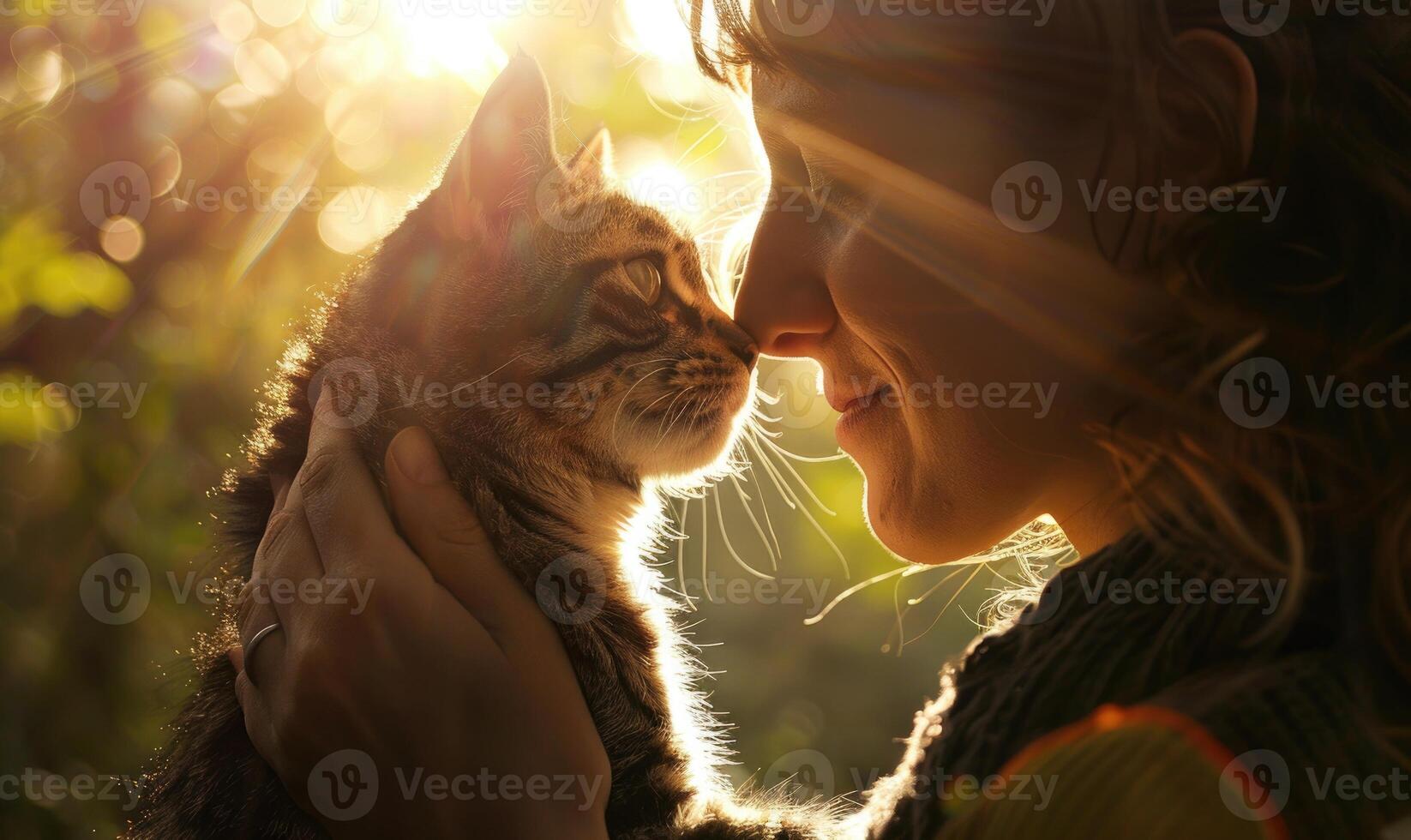 ai generiert jung Frau mit süß Katze draußen auf sonnig Tag, Nahaufnahme. Mensch und Haustier Freundschaft foto