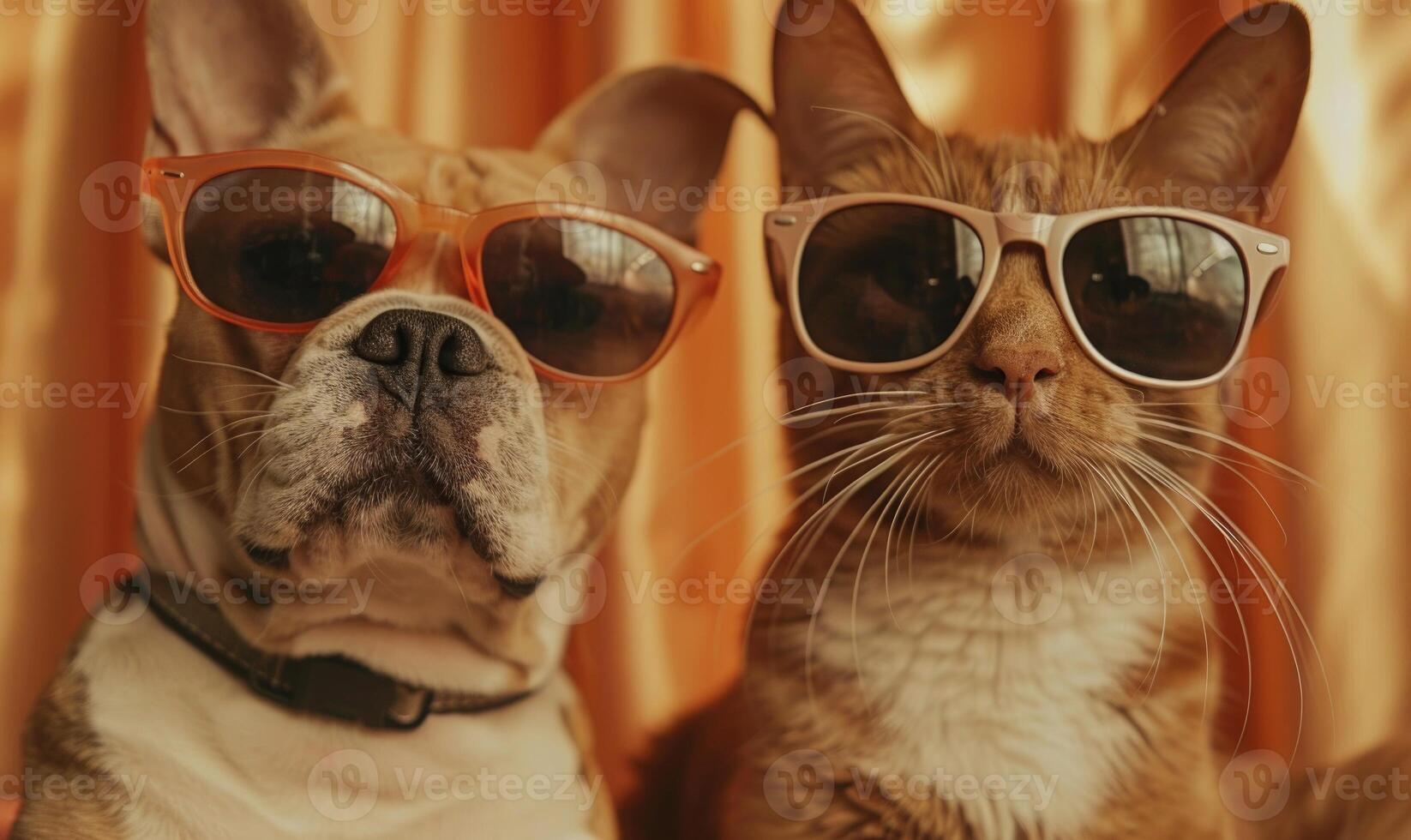 ai generiert süß Katze und Hund mit Sonnenbrille auf das Hintergrund von Orange Vorhänge foto