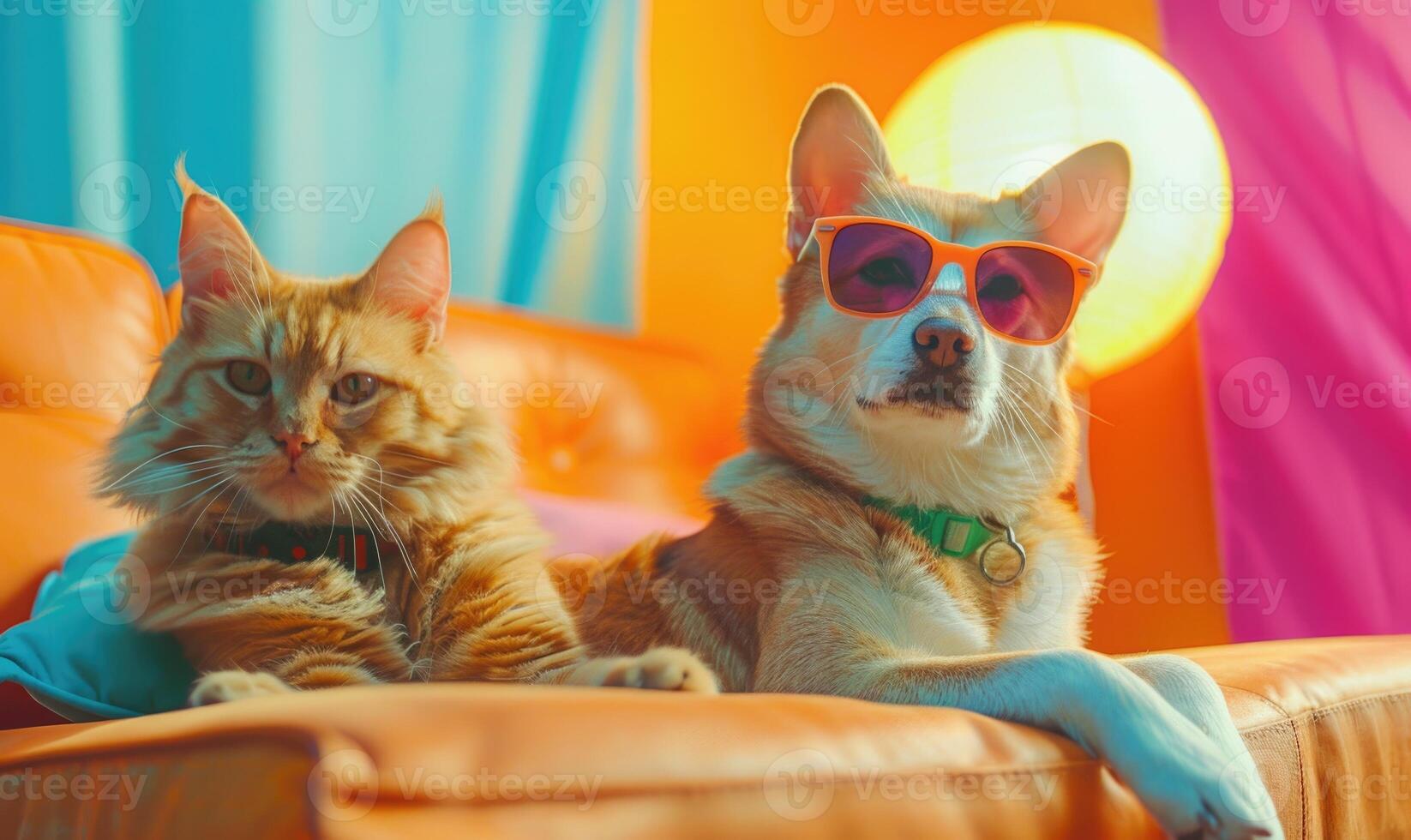 ai generiert Katze und Hund im Sonnenbrille auf Orange Sofa beim Leben Zimmer. selektiv Fokus. foto