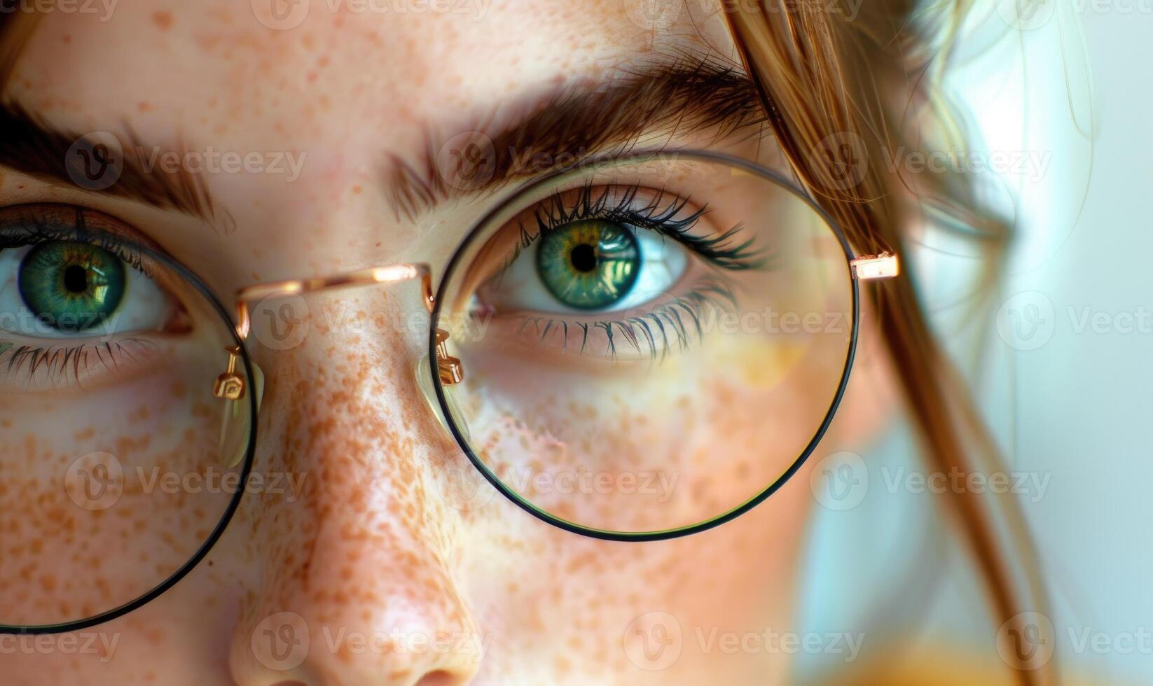 ai generiert Nahansicht Porträt von ein Mädchen mit Sommersprossen und Brille foto