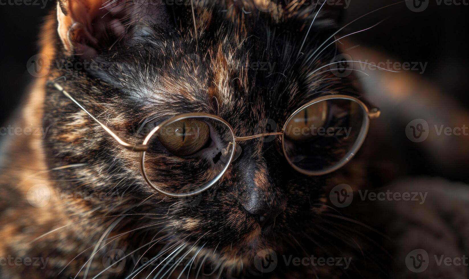 ai generiert dreifarbig Schildpatt Katze mit Brille Nahansicht foto