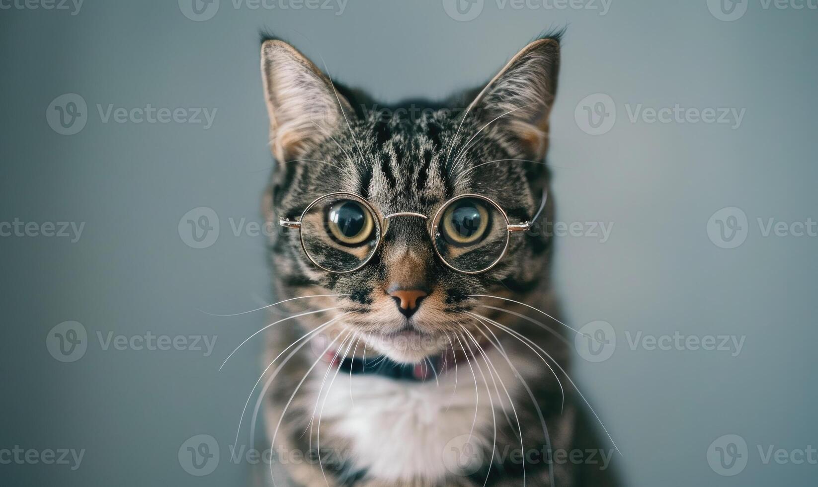 ai generiert Porträt von ein Tabby Katze mit Brille auf ein grau Hintergrund foto
