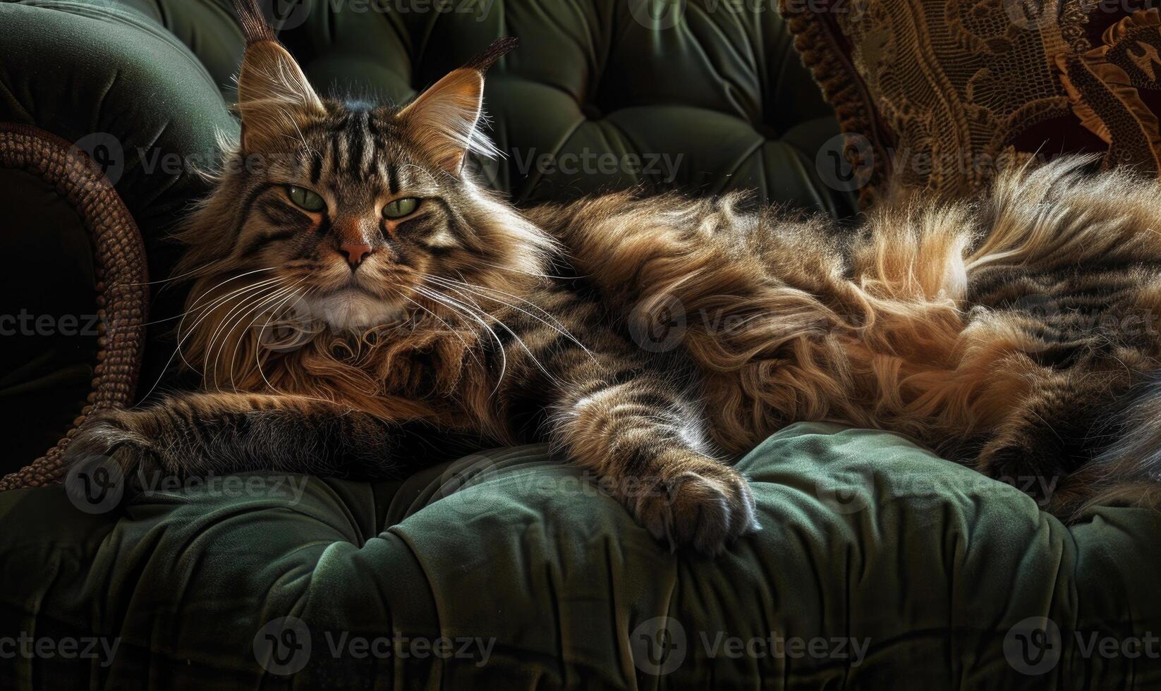 ai generiert majestätisch Maine Waschbär Katze faulenzen auf ein Plüsch Samt Kissen foto