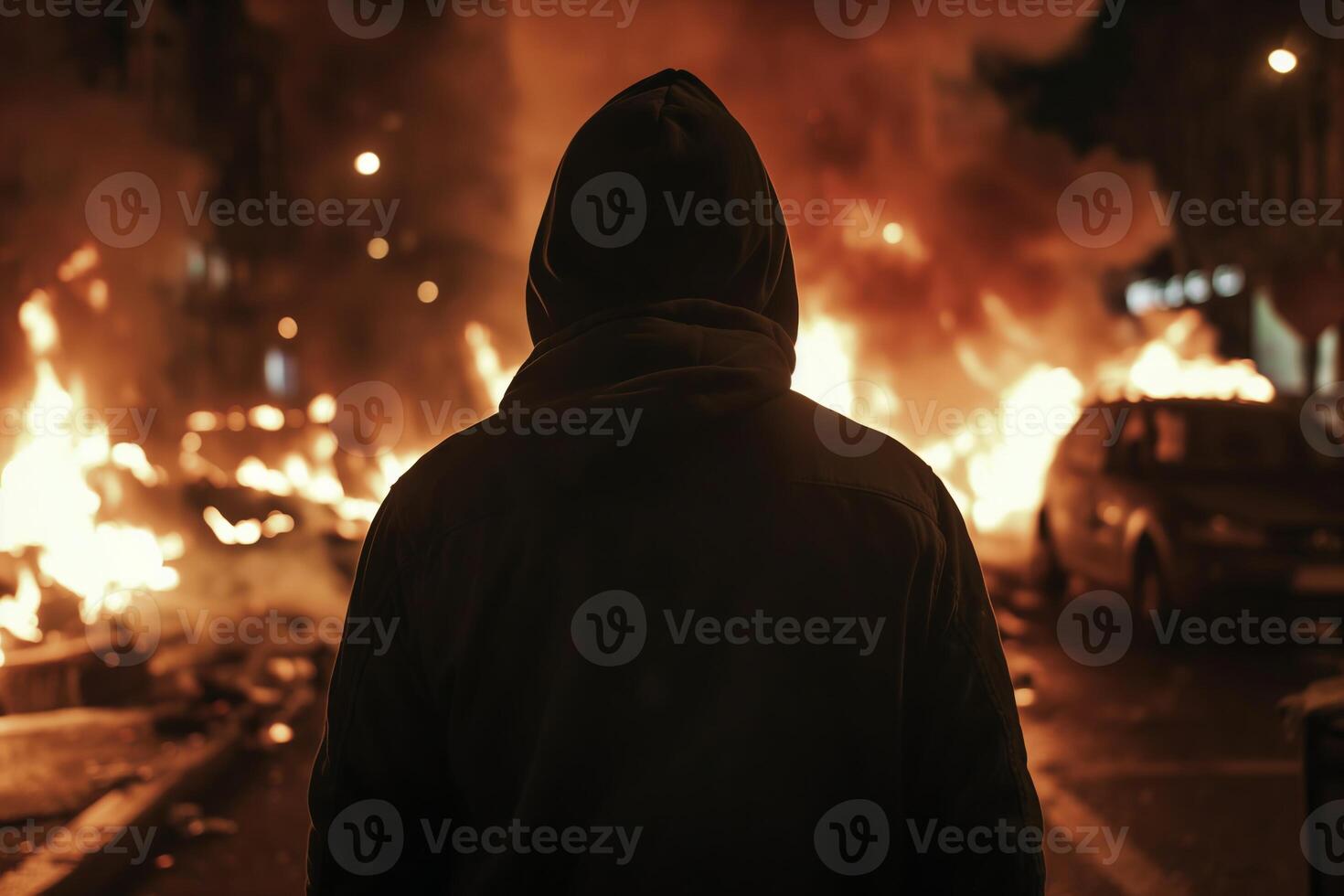 ai generiert Silhouette gegen das Chaos. ein einsam Beobachter Silhouette Mann städtisch Flammen beim Nacht foto