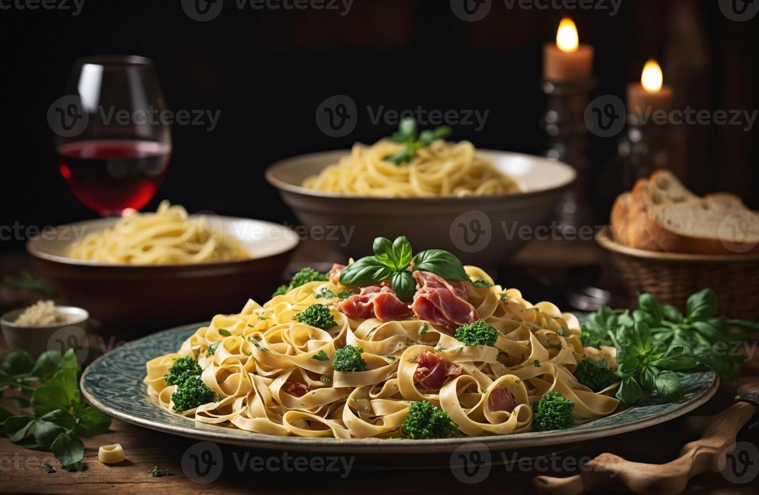 ai generiert Pasta mit Fleisch, Gemüse und Wein foto