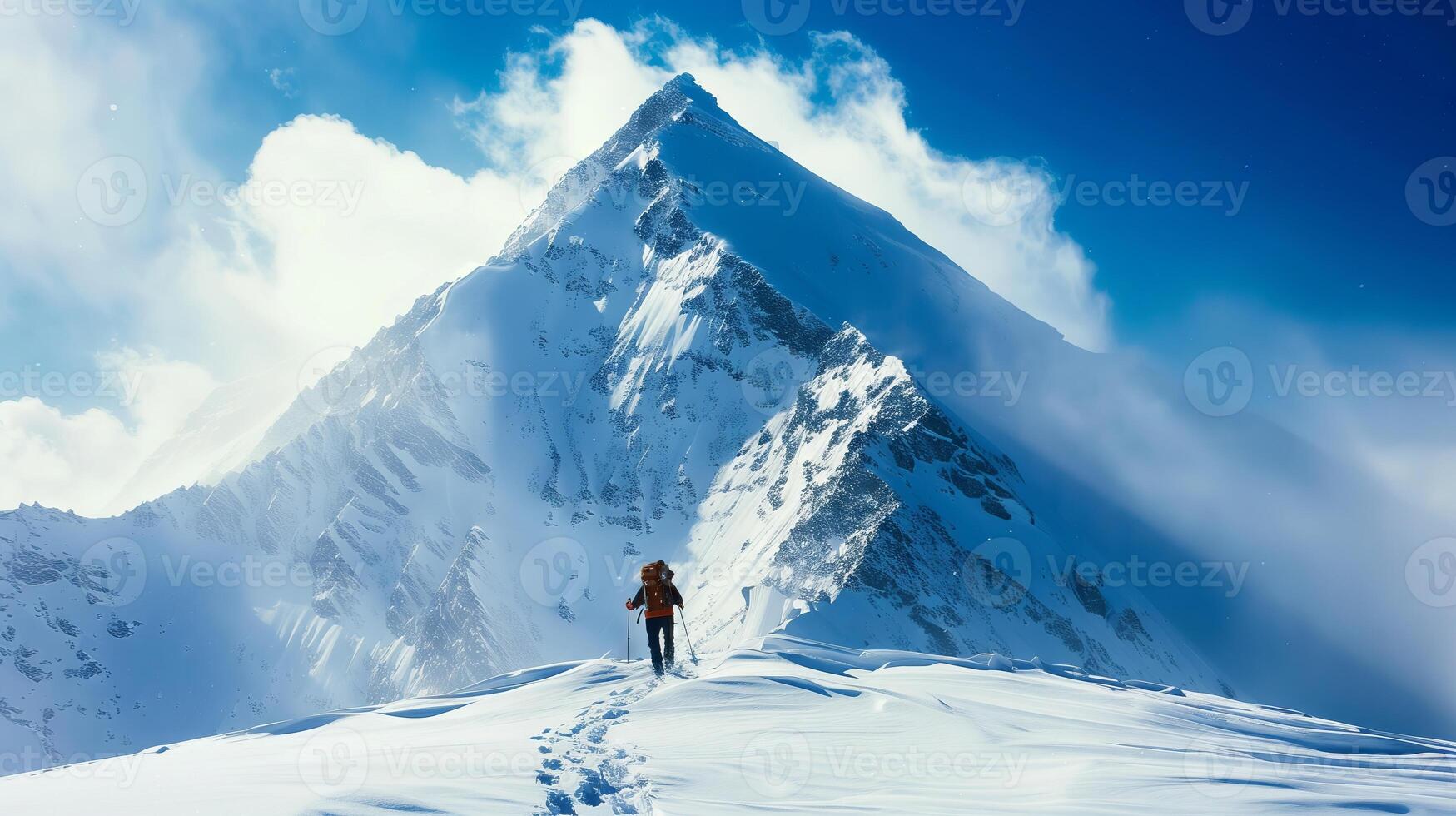 ai generiert Mann Wandern oben Schnee bedeckt Berg foto
