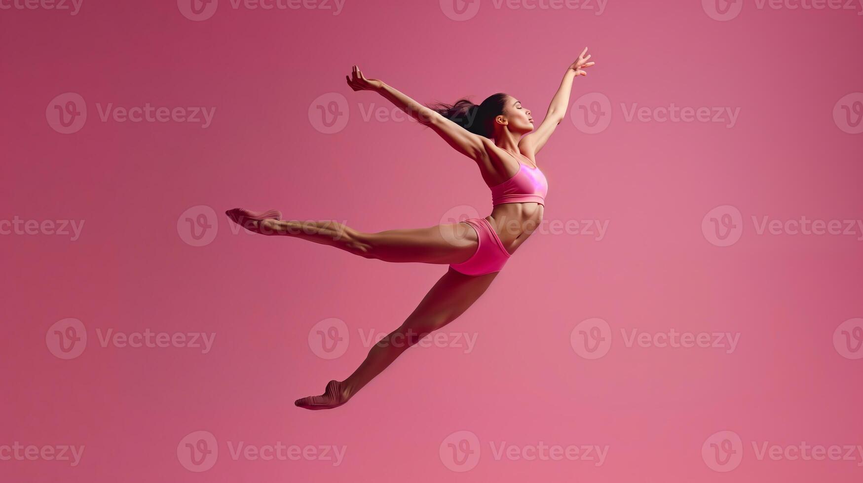 ai generiert anmutig Ballett Tänzer springen gegen Rosa Hintergrund foto