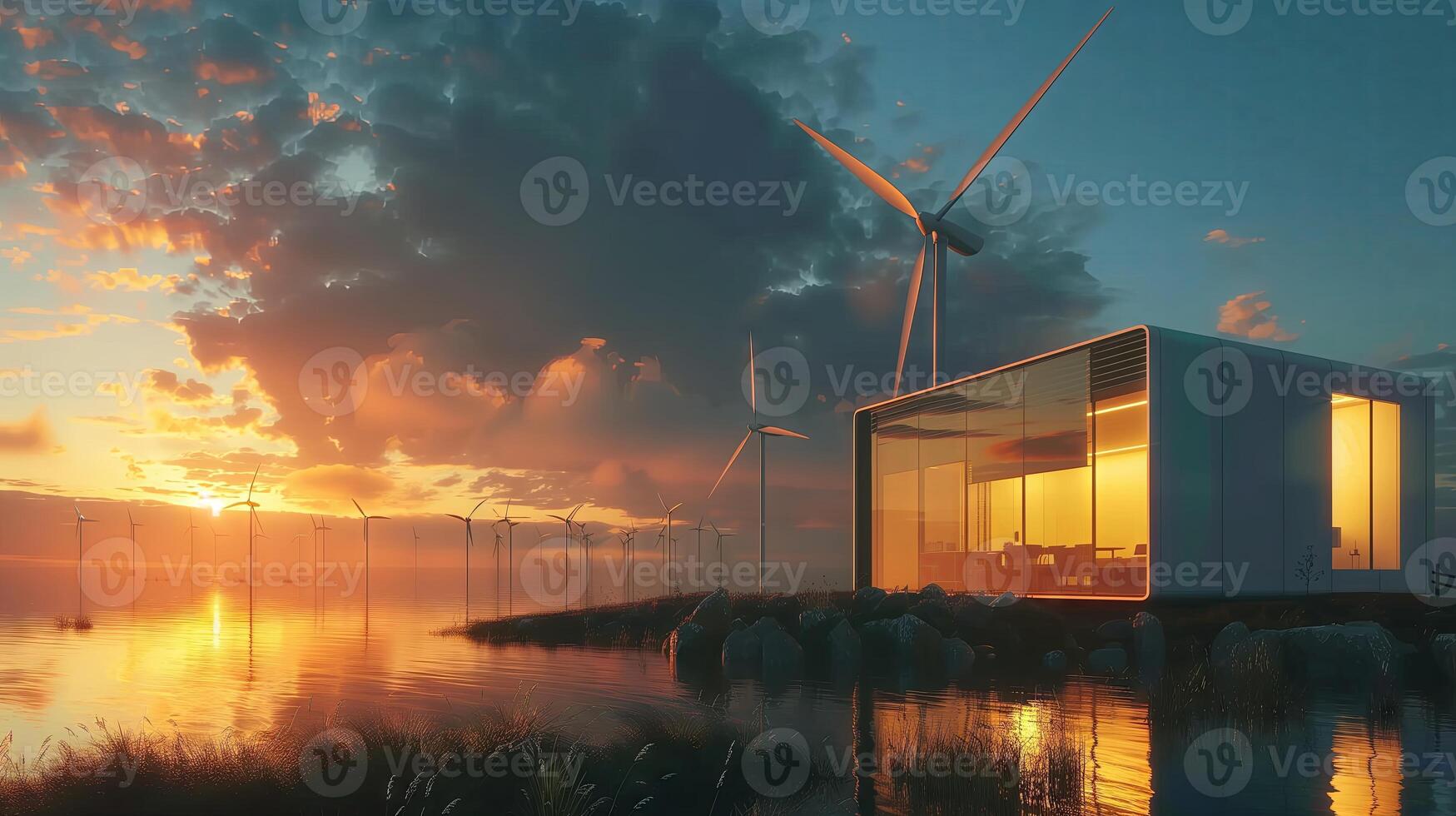 ai generiert heiter Sonnenuntergang beim das Seeufer Wind Bauernhof foto