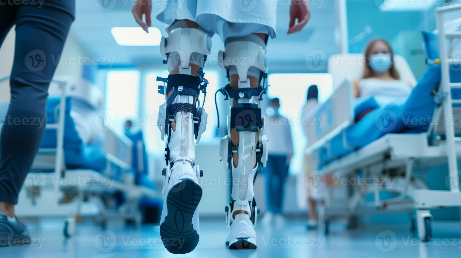 ai generiert Schritte in das Zukunft. geduldig testen fortgeschritten Roboter Beine im ein modern Rehabilitation Center foto