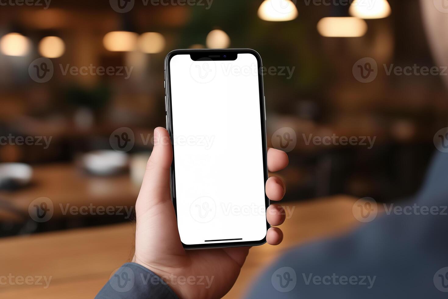ai generiert schließen oben von Mann Hand halten leer Bildschirm Smartphone auf Restaurant Hintergrund foto