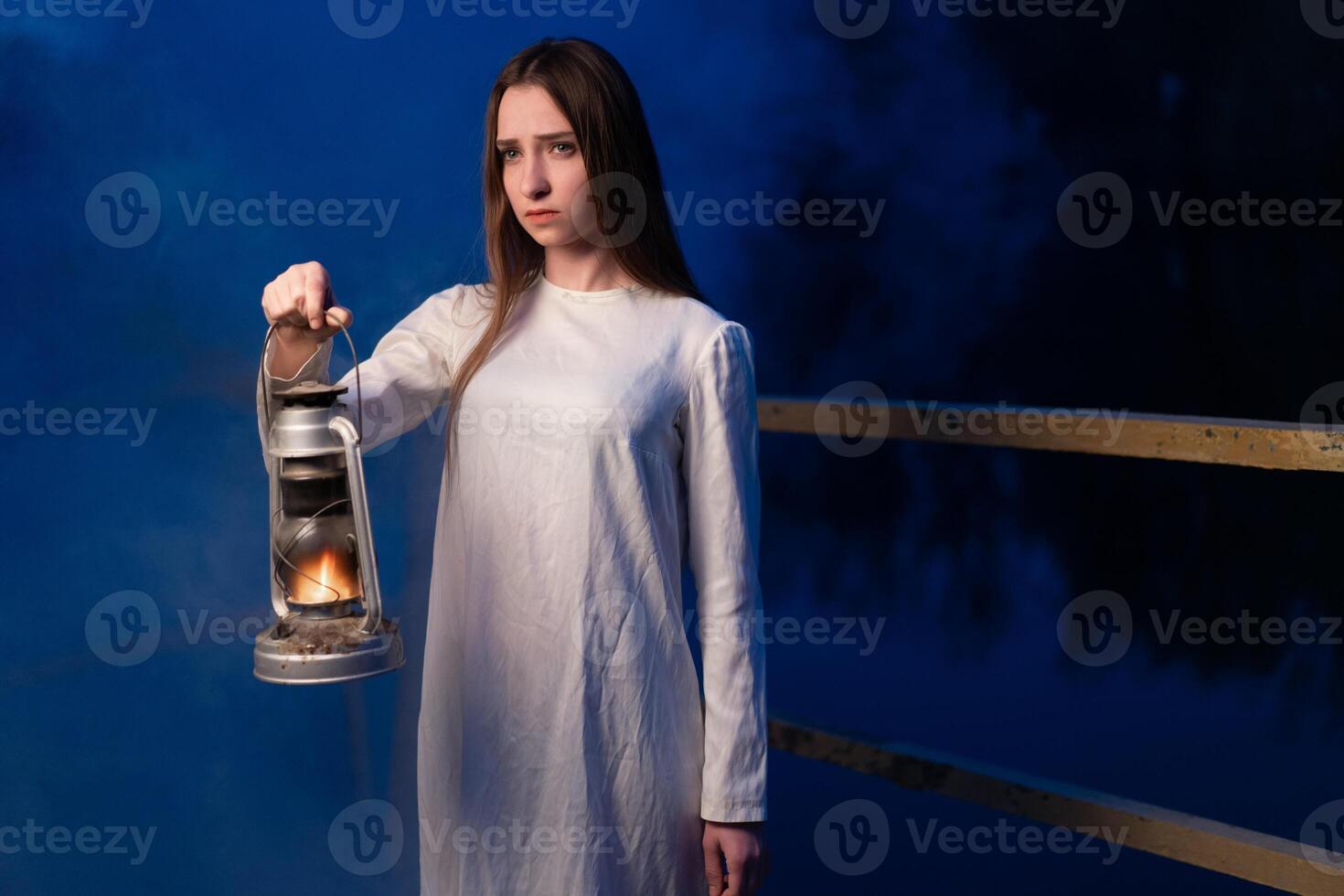 mysteriös mystisch Mädchen im ein dunkel Nacht Wald mit ein Kerosin Lampe im ihr Hände foto