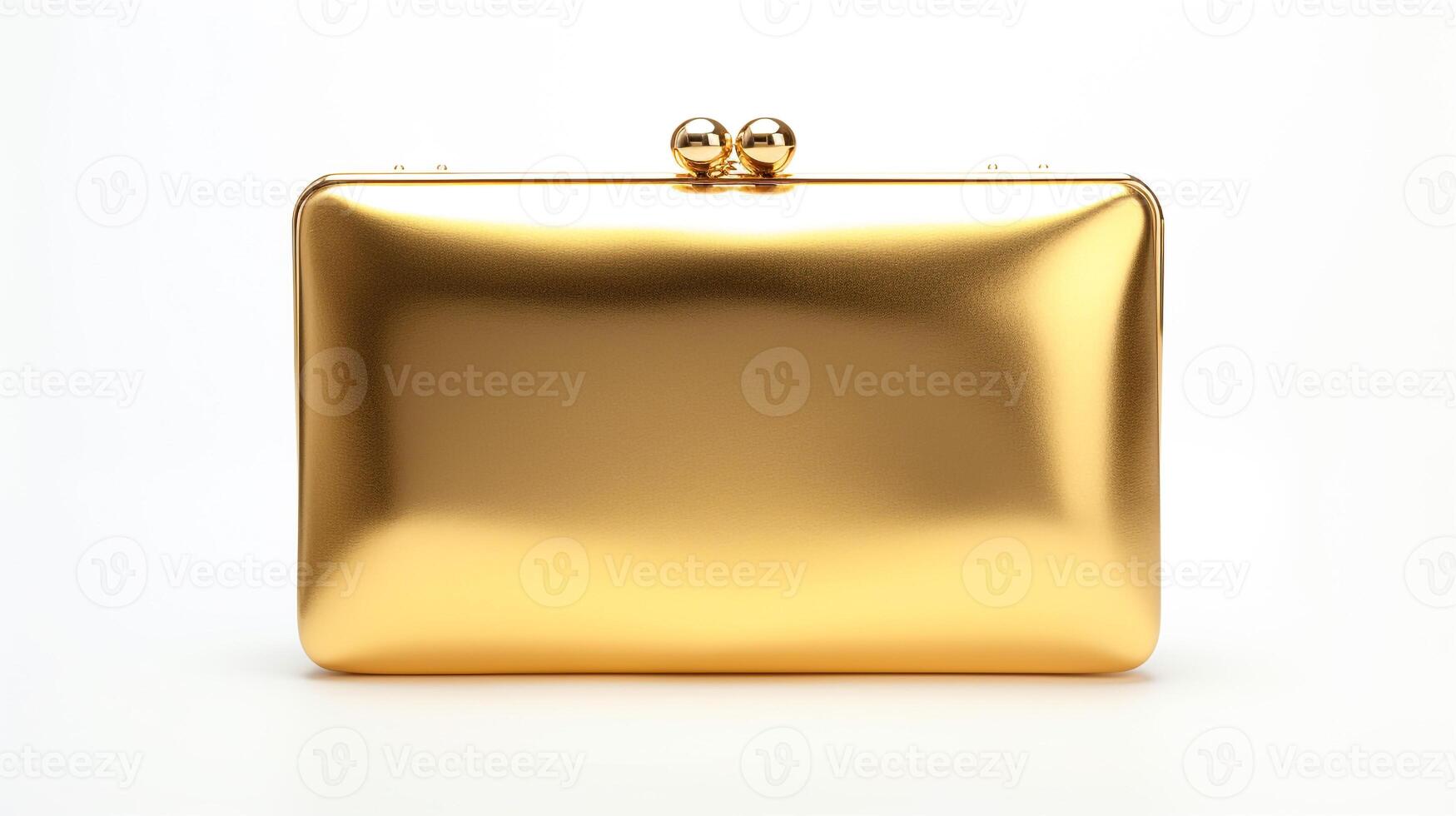 ai generiert Gold Kupplung Tasche isoliert auf Weiß Hintergrund mit Kopieren Raum zum Werbung. ai generiert foto